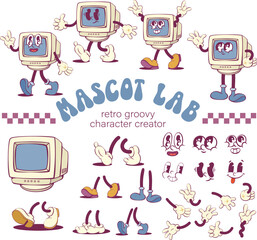 Poster - Retro computer groovy character creation kit, vintage PC mascot parts