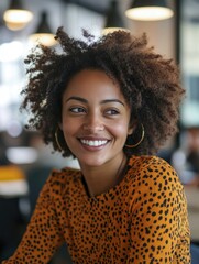 Wall Mural - Joyful Woman with Curly Hair Smiling at Camera