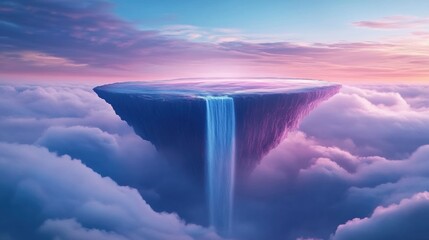 Poster - Floating island with cascading waterfall amidst a sea of clouds at sunset, AI