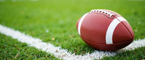 American Football on Green Field with White Line Marker