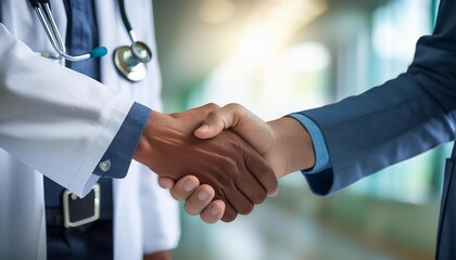 handshake between doctor and patient in office setting close up of a handshake between a doctor and a patient symbolizing trust and partnership in healthcare with a blurred background