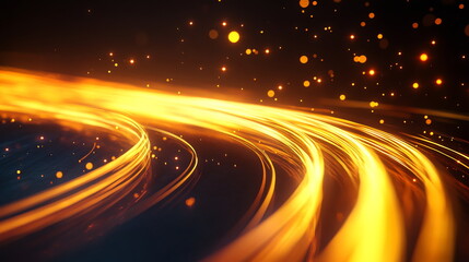 Fototapete - Abstract neon speed effect. Curved yellow and orange light rays moving through space. Glowing laser streaks with energy bursts. Horizontal template color gradient, rough retro vibe shine bright light