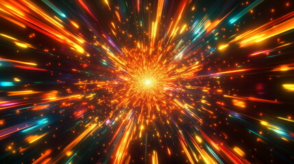 Fototapete - Colorful neon explosion. Radiating rays of orange and red from a central point. Abstract shapes resembling fireworks. Horizontal template color gradient, rough retro vibe shine bright light