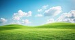 © kkkiim graphic - Serene landscape of rolling green hills under a clear blue sky, with fluffy white clouds and vibrant grass.