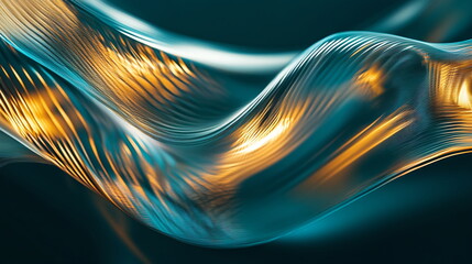 Poster - Illuminated neon curves in teal and gold, forming a dynamic wave pattern that evokes movement and fluidity. Horizontal template color gradient, rough retro vibe shine bright light