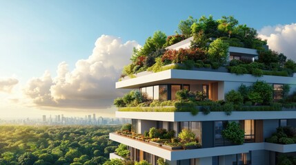 Wall Mural - Modern Sustainable Architecture with Green Rooftop Gardens Overlooking a Vibrant Urban Landscape at Sunset