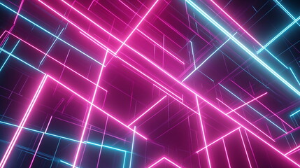 Poster - Neon light grid. Intersecting lines in bright magenta and teal. Futuristic pattern creating an illusion of depth. Horizontal element for festive party, seminar talks, social media post