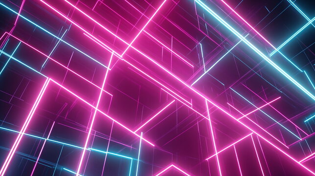 Neon light grid. Intersecting lines in bright magenta and teal. Futuristic pattern creating an illusion of depth. Horizontal element for festive party, seminar talks, social media post