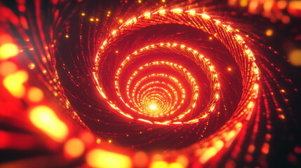 Poster - Neon spiral patterns. Bright circular forms radiating outward in rich shades of red and yellow. Glossy surface effects. Horizontal template color gradient, rough retro vibe shine bright light