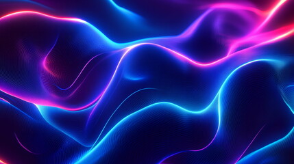 Poster - Vibrant neon wave patterns. Fluid shapes in electric blue and teal. Holographic reflections and glowing edges. Horizontal template color gradient, rough retro vibe shine bright light