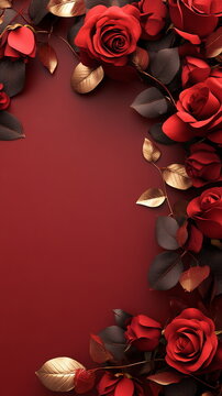 Deep red Valentine's Day scene with faint outlines of roses and kisses around the border, leaving a soft center area for personalized messages or text. Vertical reels story post greeting card