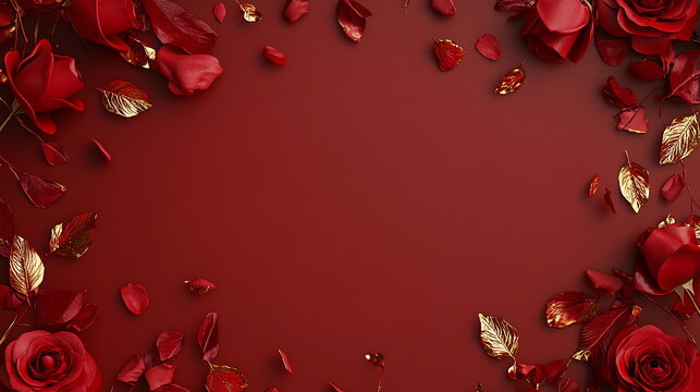 Deep red Valentine's Day scene with faint outlines of roses and kisses around the border, leaving a soft center area for personalized messages or text. Horizontal 16:9 web banner template