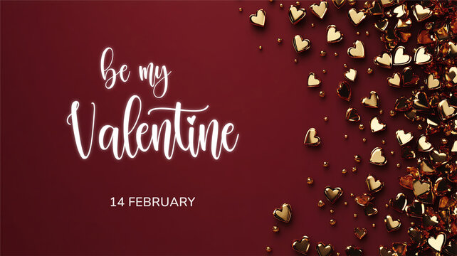 Horizontal Valentine's day banner with elegant text Be my Valentine. Web banner 16:9 background, romantic luxurious with lettering calligraphy greeting text Deep red burgundy Valentine day