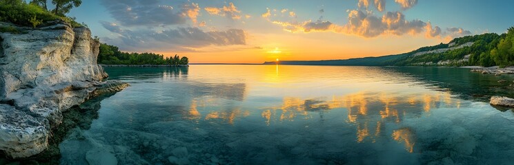 Wall Mural - Serene Sunset Over Calm Lake With Rocky Shores