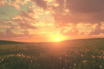 Wall Mural - Golden Sunset Over a Field of Wildflowers