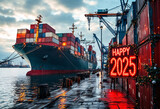 Celebration of the New Year at a bustling shipping dock with a large cargo ship and vibrant decorations welcoming 2025