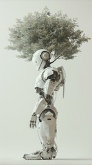 Poster - A robot stands beneath a tree, contemplating the world. AI.