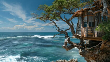 Wall Mural - A treehouse built on a cliff overlooking the ocean. AI.