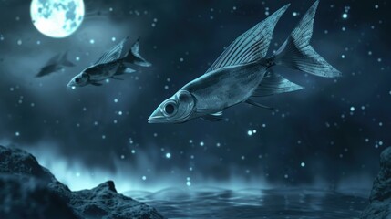 Wall Mural - fish swimming under the moonlight. ai.