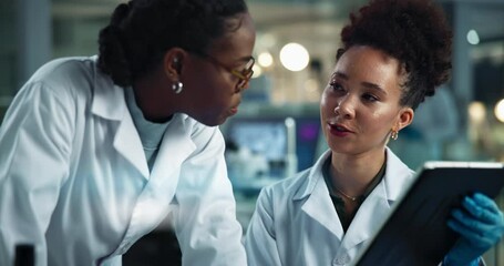 Aufkleber - Women, scientist and night with tablet for research, results or medical discovery at laboratory. Female people, team or working late with technology or checklist for science data, exam or test at lab