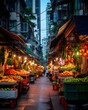 © client - A traditional Chinese market featuring wooden stalls filled with fresh vegetables and fruits. Red lanterns hang above, and the street is lined with classical Chinese architectural elements.