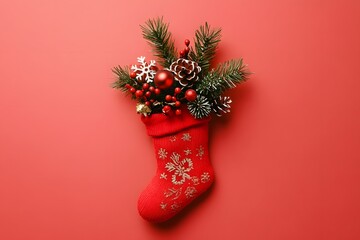 Canvas Print - Red Christmas Stocking Filled With Festive Holiday Decorations