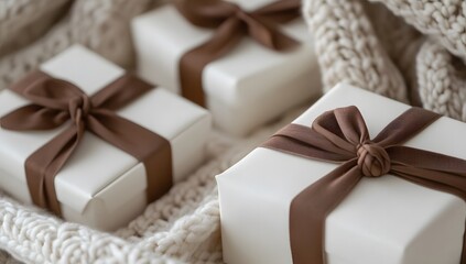 Canvas Print - Brown Ribbon Wrapped White Gift Boxes Cozy Knit Blanket