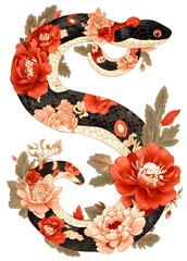  Ornate Black Snake Adorned With Red And Peach Blossoms