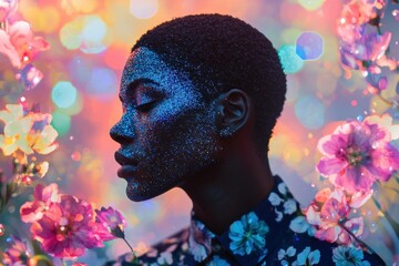 Canvas Print - Thoughtful African woman adorned with colorful glitter and surrounded by vibrant flowers, showcasing beauty and creativity in a dreamy atmosphere.