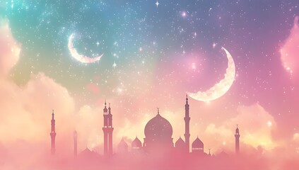 Canvas Print - Mosque Silhouette Underneath Two Crescents and Stars