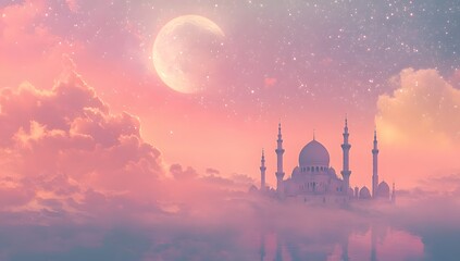 Canvas Print - Majestic Mosque Underneath a Pink Sky and Moon