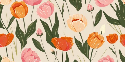 Canvas Print - Colorful floral pattern featuring blooming tulips in shades of pink, orange, and yellow against a soft beige background. Ideal for spring-themed designs.