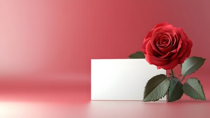 Canvas Print - Red Rose and Blank White Card on Pink Background