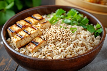 Wall Mural - A bowl of brown rice topped with grilled tofu, sesame seeds, and fresh herbs.