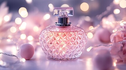 Poster - Elegant Pink Perfume Bottle with Soft Bokeh Lights Background