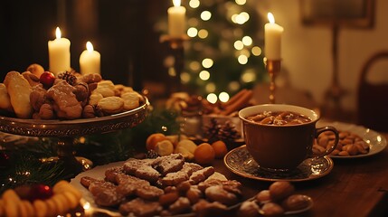 Wall Mural - A cozy winter table filled with hot chocolate, gingerbread cookies, roasted nuts, and seasonal fruits, set against a warm, inviting ambiance 