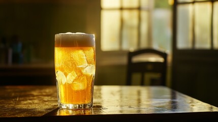 Poster - Refreshing Cold Beer in a Glass on a Wooden Table with Backlight