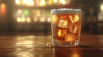 Poster - Refreshing Glass of Beer with Ice Cubes on Wooden Bar Counter