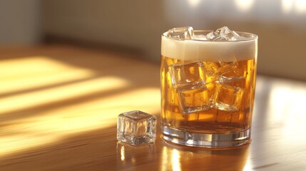 Poster - Glass of Refreshing Beverage with Ice Cubes on Wooden Surface