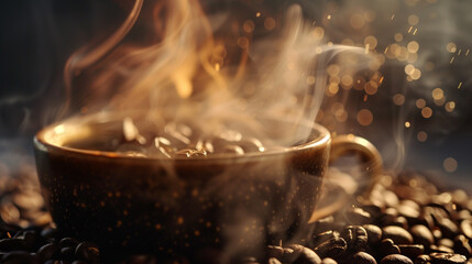 Wall Mural - A bowl of coffee beans with steam rising from them