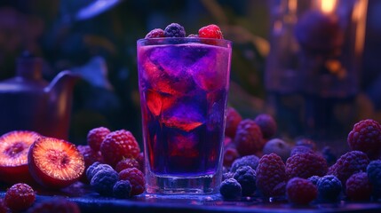 Poster - Colorful Berry Cocktail with Ice in a Dimly Lit Setting
