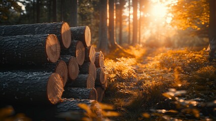 Stacked timber logs in bright forest clearing.