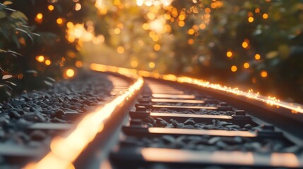 Poster - Serene Sunset Glow on Railway Tracks Surrounded by Nature