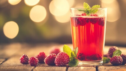 Poster - Refreshing Berry Drink in Glass with Mint Leaves and Raspberries