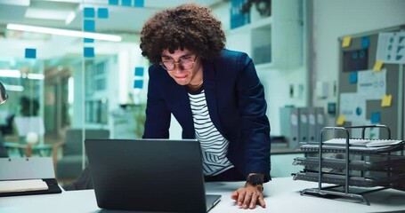 Poster - Laptop, business man and smile with folder for checking investment portfolio, finance analysis and planning. Professional, financial analyst and happy with budget report and online research in office