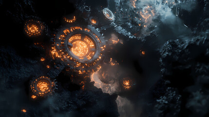 Wall Mural - abstract depiction of time with glowing gears and cogs interlocking in a dark void, conceptual art, 
