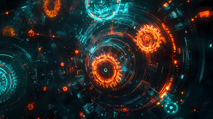 Wall Mural - abstract depiction of time with glowing gears and cogs interlocking in a dark void, conceptual art, 