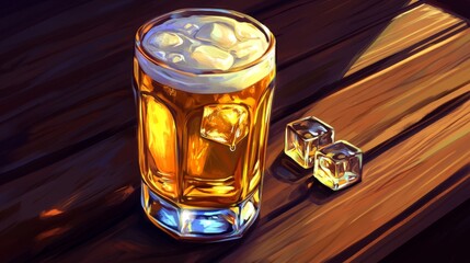 Poster - Refreshing Cold Beer Glass on Wooden Table with Ice Cubes