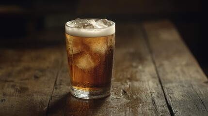 Poster - Refreshing Cold Beverage in a Glass with Ice Cubes on Wooden Table