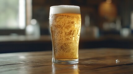 Poster - Refreshing Cold Beer in a Glass on a Wooden Table Surface